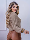 Blusa cropped feminina de tricot manga bufante lisa outono inverno