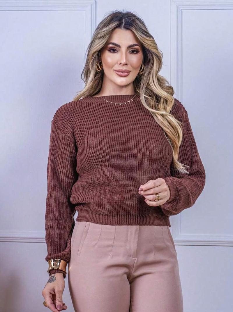 Blusa cropped feminina de tricot manga bufante lisa outono inverno