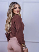 Blusa cropped feminina de tricot manga bufante lisa outono inverno