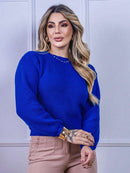 Blusa cropped feminina de tricot manga bufante lisa outono inverno