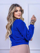 Blusa cropped feminina de tricot manga bufante lisa outono inverno