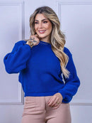 Blusa cropped feminina de tricot manga bufante lisa outono inverno