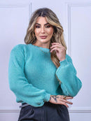 Blusa cropped feminina de tricot manga bufante lisa outono inverno