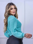 Blusa cropped feminina de tricot manga bufante lisa outono inverno