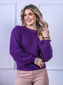 Blusa cropped feminina de tricot manga bufante lisa outono inverno