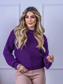 Blusa cropped feminina de tricot manga bufante lisa outono inverno