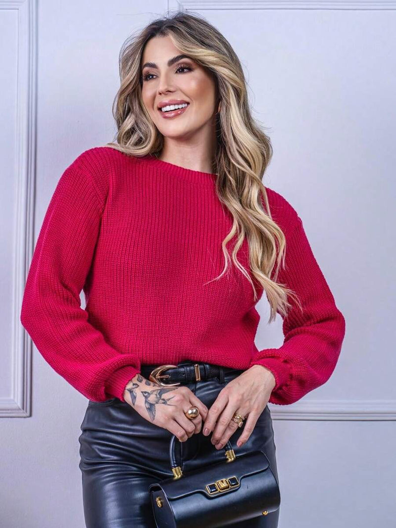 Blusa cropped feminina de tricot manga bufante lisa outono inverno