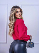 Blusa cropped feminina de tricot manga bufante lisa outono inverno