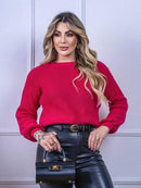Blusa cropped feminina de tricot manga bufante lisa outono inverno