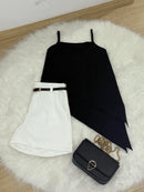 Conjunto Elegante de Short Alfaiataria Com Bolso e Cinto de Brinde Mais Blusinha Assimétrica Modinha Fashion 2025