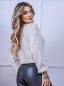 Blusa cropped feminina de tricot manga bufante lisa outono inverno