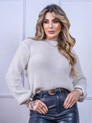 Blusa cropped feminina de tricot manga bufante lisa outono inverno