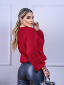 Blusa cropped feminina de tricot manga bufante lisa outono inverno