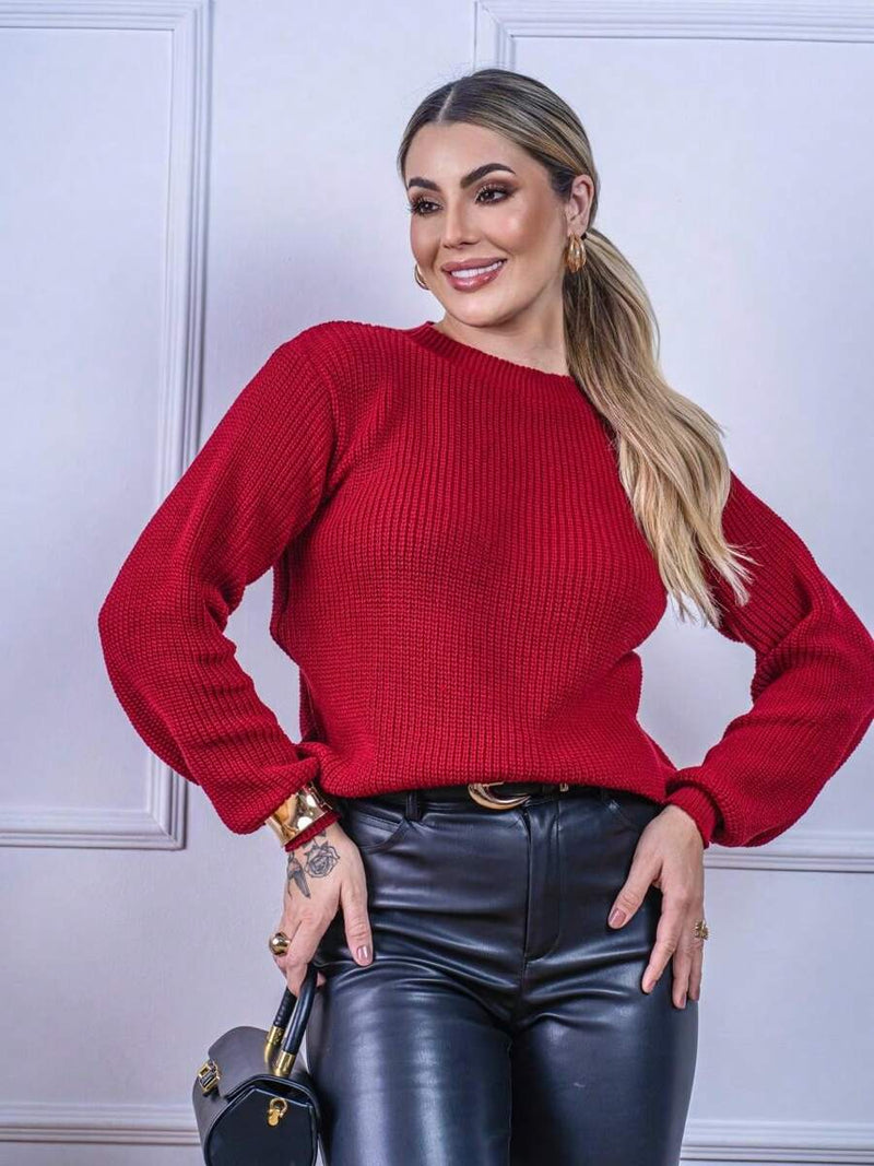 Blusa cropped feminina de tricot manga bufante lisa outono inverno