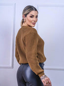 Blusa cropped feminina de tricot manga bufante lisa outono inverno