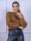 Blusa cropped feminina de tricot manga bufante lisa outono inverno