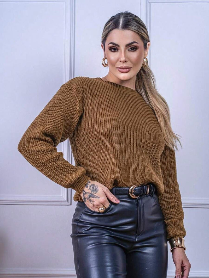 Blusa cropped feminina de tricot manga bufante lisa outono inverno