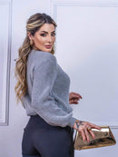 Blusa cropped feminina de tricot manga bufante lisa outono inverno