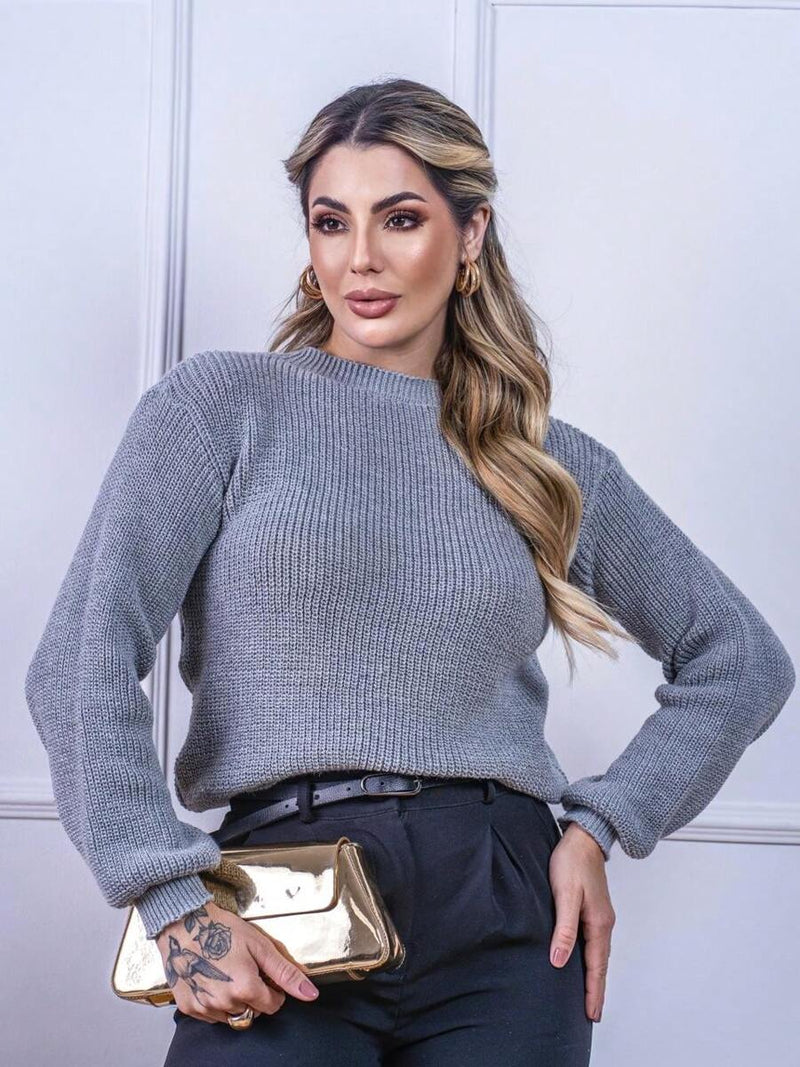 Blusa cropped feminina de tricot manga bufante lisa outono inverno