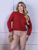 Blusa cropped feminina de tricot manga bufante lisa outono inverno