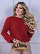 Blusa cropped feminina de tricot manga bufante lisa outono inverno