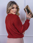 Blusa cropped feminina de tricot manga bufante lisa outono inverno