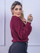 Blusa cropped feminina de tricot manga bufante lisa outono inverno