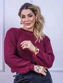 Blusa cropped feminina de tricot manga bufante lisa outono inverno