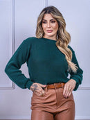 Blusa cropped feminina de tricot manga bufante lisa outono inverno