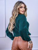 Blusa cropped feminina de tricot manga bufante lisa outono inverno