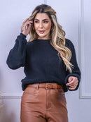 Blusa cropped feminina de tricot manga bufante lisa outono inverno