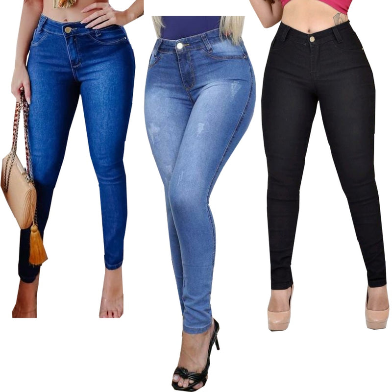 Kit 3 Calças Feminina Cintura Alta Lycra Jeans Com Lycra Elastano Cós Alto Até o Umbigo Modelagem Levanta Bumbum