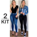 Kit 2 Calça Jeans Feminina Com Elastano Skinny Efeito Levanta Bumbum Cintura Alta